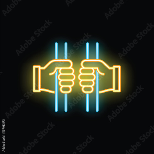 Neon sign depicting two hands grasping prison bars, symbolizing imprisonment and the desire for freedom