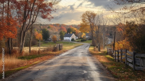 Autumn village road lined with trees and a scenic landscape showcasing vibrant fall colors and a cozy farmhouse in the distance. photo