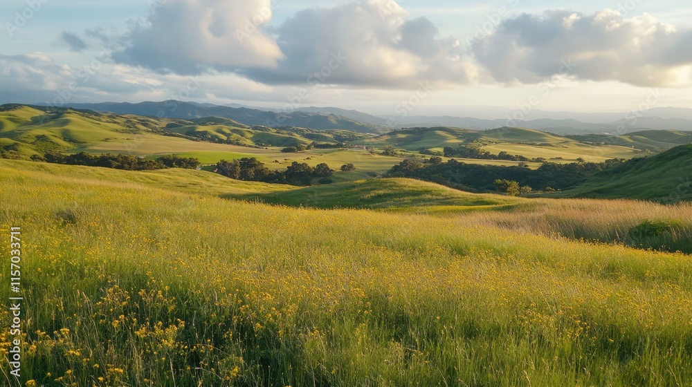 Serene countryside meadow landscape with rolling hills and vibrant green fields under a cloudy sky ideal for nature and rural themes Serene countryside meadow landscape with rolling hills and vibrant green fields under a cloudy sky ideal for nature and rural themes