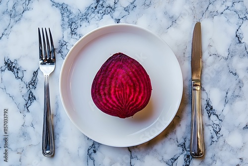 Freshly sliced beetroot on a white plate with cutlery on a marble table photo