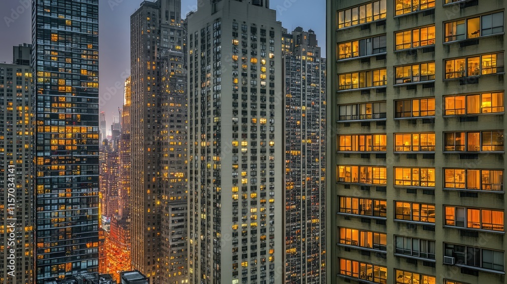 Obraz premium Nighttime Cityscape with Illuminated Windows in Urban Environment