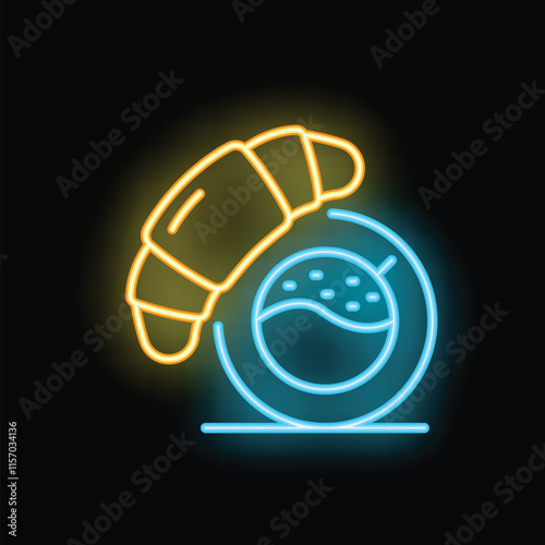 Glowing neon sign showing a fresh baked croissant and a cup of coffee on a dark background