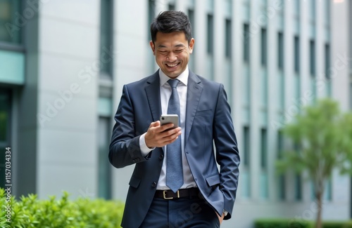 Smiling Asian businessman walks near modern business center. Holds phone, looks at, likely reading news messages. Successful, professional. Dressed smartly in suit, tie. Scene suggests busy urban photo