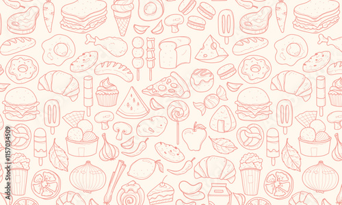 Hand drawn set of miscelanous food doodles, vector seamless food pattern, paper wrap, restaurant menu, line hand drawings, vector illustration, minimalist color.
