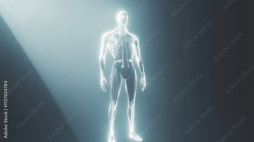 Futuristic human skeleton in glowing light.