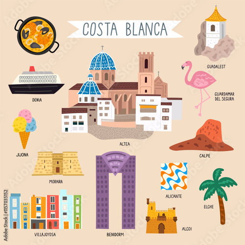 Costa Blanca, Spain travel landmarks vector set.