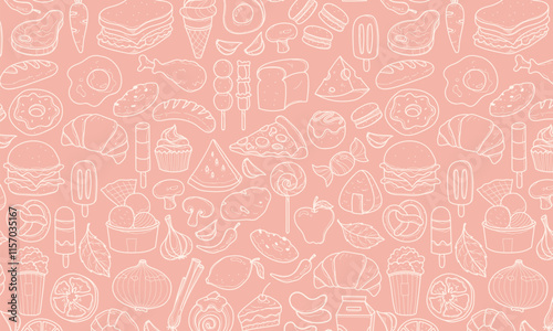 Hand drawn set of miscelanous food doodles, vector seamless food pattern, paper wrap, restaurant menu, line hand drawings, vector illustration, minimalist color.