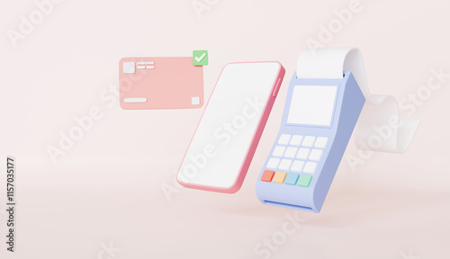 Pos machine and mobile phone for online shopping, payment credit card with alert notification, invoice transaction photo