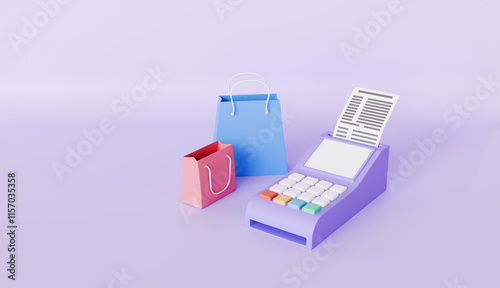 Shopping bags and pos terminal, invoice transaction with credit card, payment credit card with alert notification photo