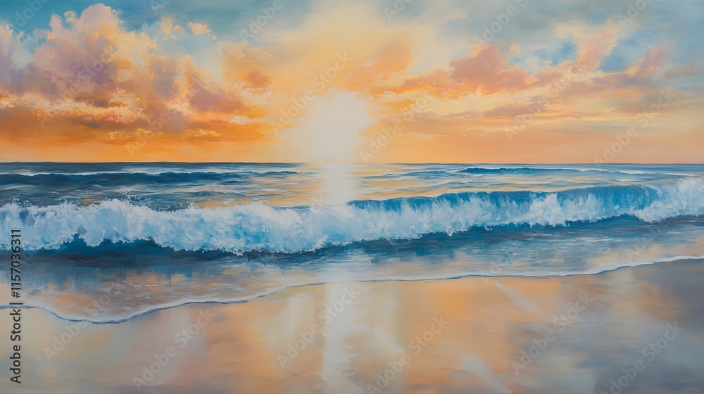 Obraz premium Sunset over ocean waves seaside landscape painting tranquil environment aerial view serene concept