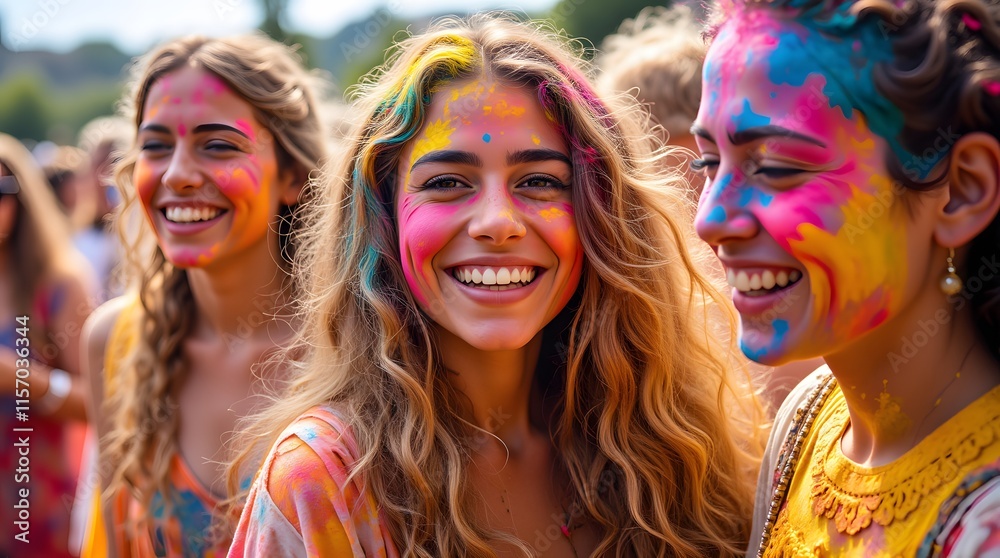 Obraz premium Joyful smiles, vibrant hues paint faces at a Holi festival. Pure happiness radiates!