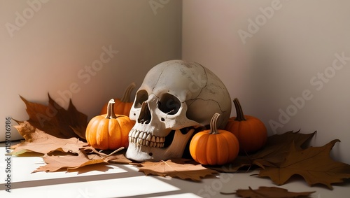 A weathered skull rests amidst fallen autumn leaves and miniature pumpkins, casting an eerie yet captivating charm. photo