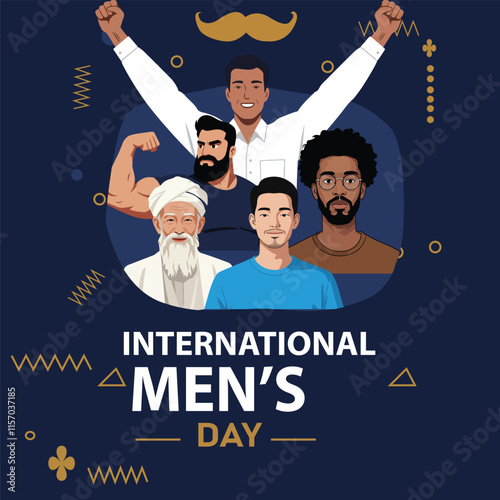 An International Men’s Day design featuring diverse men of different ages and backgrounds, emphasizing unity, strength, and celebration of men’s contributions to society