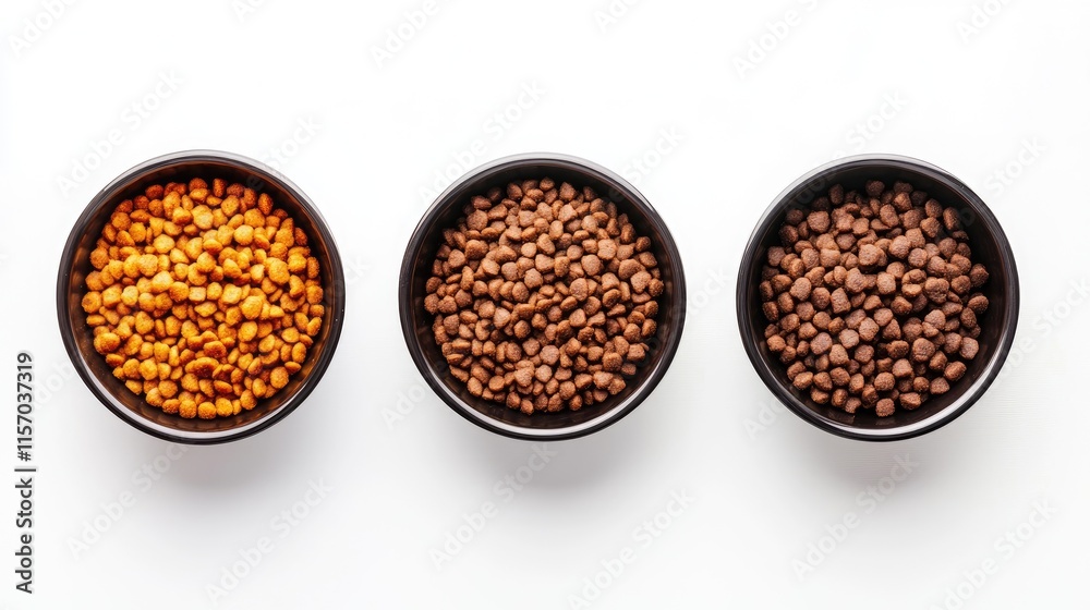 Pet food varieties in black feeding bowls arranged on a white background showcasing different textures and colors from an aerial perspective. Pet food varieties in black feeding bowls arranged on a white background showcasing different textures and colors from an aerial perspective.