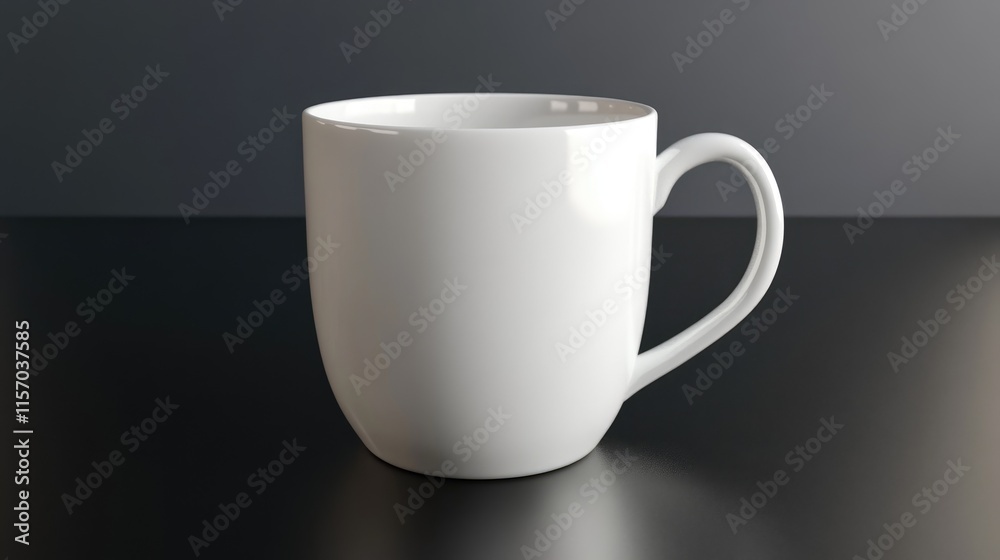 Obraz premium Elegant white coffee cup on a dark wooden table with a minimalist backdrop showcasing contemporary design and simplicity.
