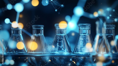 Laboratory glassware with vibrant chemical reactions.