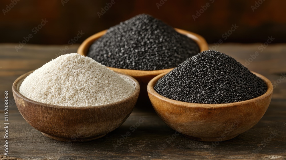 White and black poppy seeds in wooden bowls showcasing a variety of seeds against a rustic background for culinary or health concepts White and black poppy seeds in wooden bowls showcasing a variety of seeds against a rustic background for culinary or health concepts