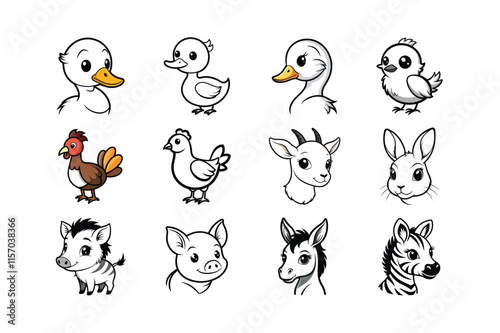 Cute Baby Animals Heads Vector Line Art Illustration, Adorable Minimalist Designs. photo