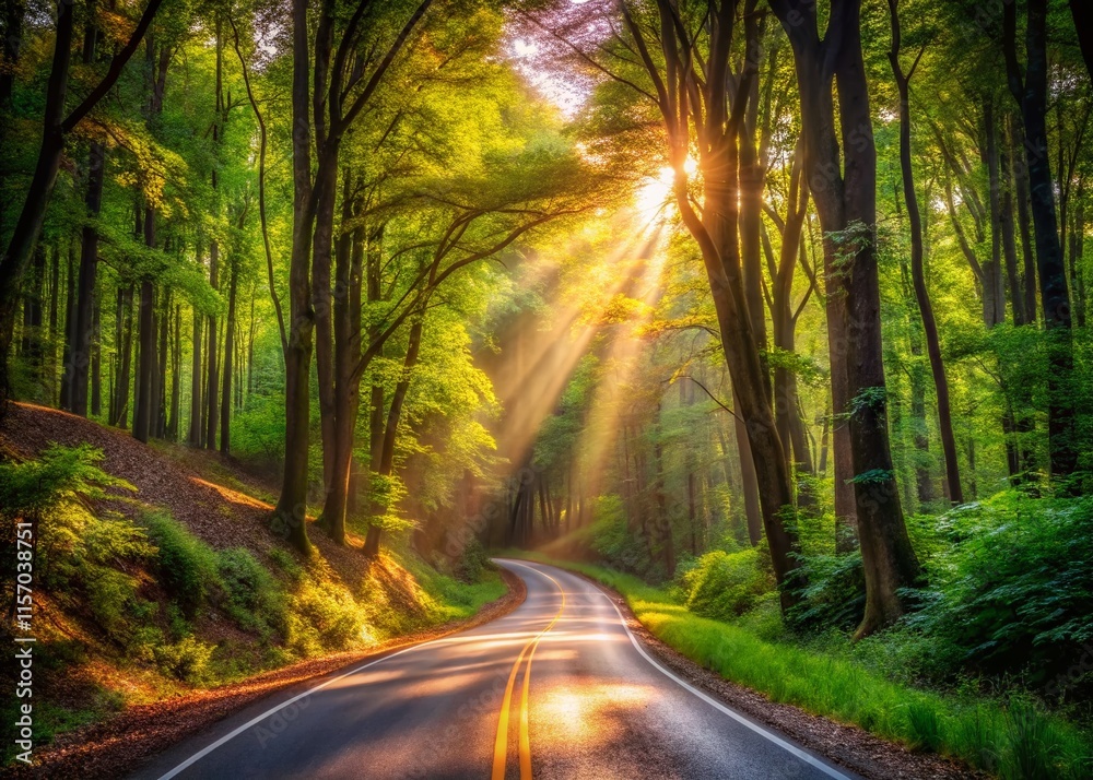 Fototapeta premium Serene Forest Road: Sunlit Path Through Lush Trees
