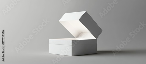 White box revealing a bright light on a neutral gray backdrop showcasing minimalist design and surprise concept photo