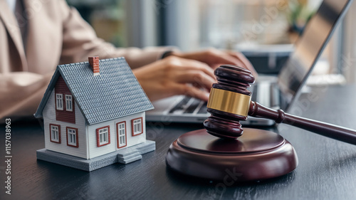 Real Estate Legal Concept with Gavel and Miniature House on Desk  
