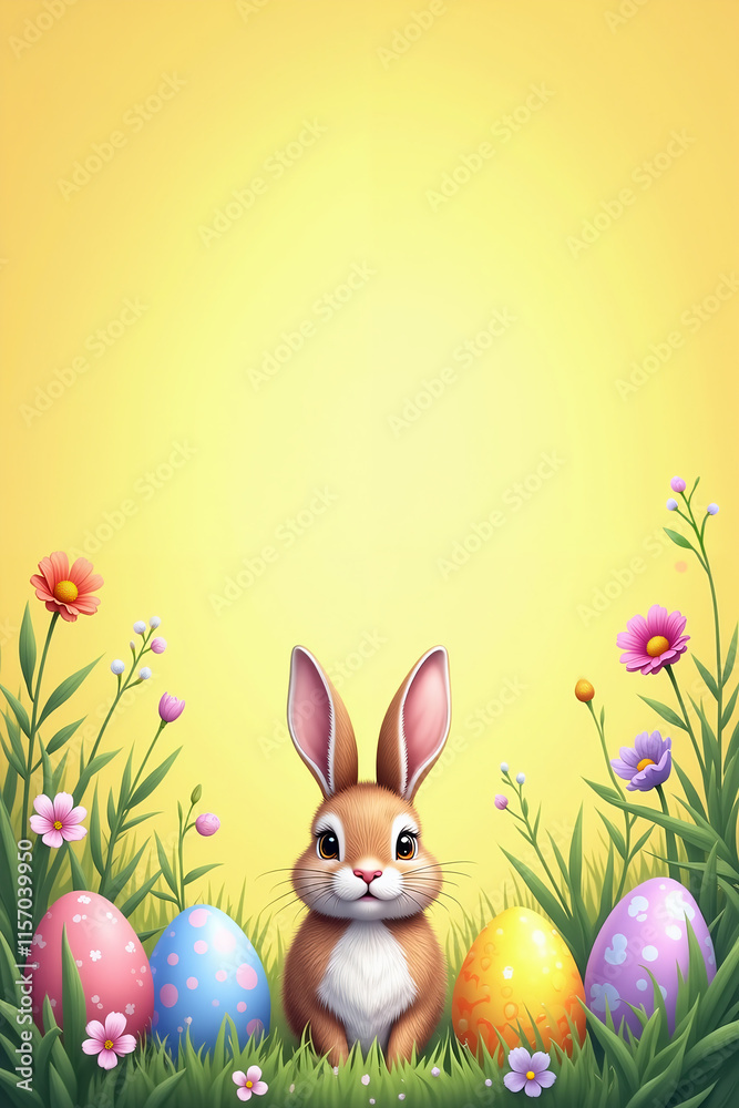Obraz premium A cheerful Easter bunny sits amidst vibrant flowers and colorful Easter eggs, set against a warm yellow background, evoking the joy of Easter.