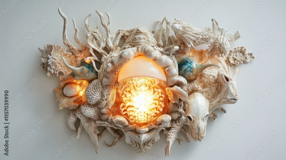 Artistic wall lamp design featuring intricate seashells and marine elements illuminated with warm light for coastal decor inspiration. Artistic wall lamp design featuring intricate seashells and marine elements illuminated with warm light for coastal decor inspiration.