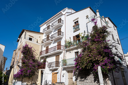 Fototapeta Naklejka Na Ścianę i Meble -  White old houses and narrow streets in medieval small touristic coastal town Sperlonga, Latina, vacation in Italy
