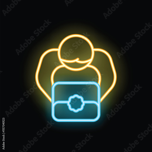 Neon sign of a person holding a certified diploma with a seal, symbolizing academic achievement, graduation, and success