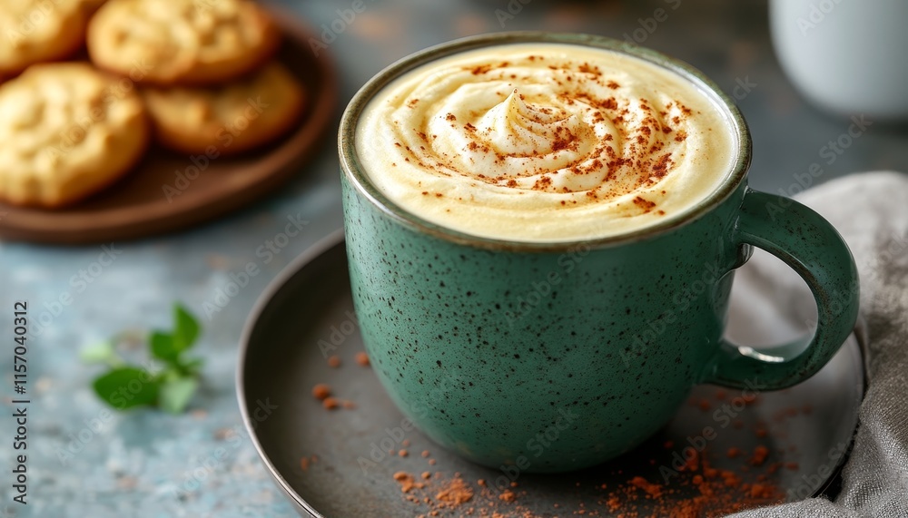 Creamy Latte Art Aromatic Coffee Treat with Nutmeg and Cookies in Rustic Cafe Setting Creamy Latte Art Aromatic Coffee Treat with Nutmeg and Cookies in Rustic Cafe Setting