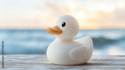 Rubber duck toy on a wooden surface with ocean background and sunset lighting creating a playful and serene atmosphere photo