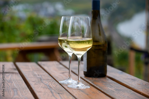 Glasses of white dry riesling wine made on Moselle river valley in Germany or Luxembourg, view on terraced vineyards photo