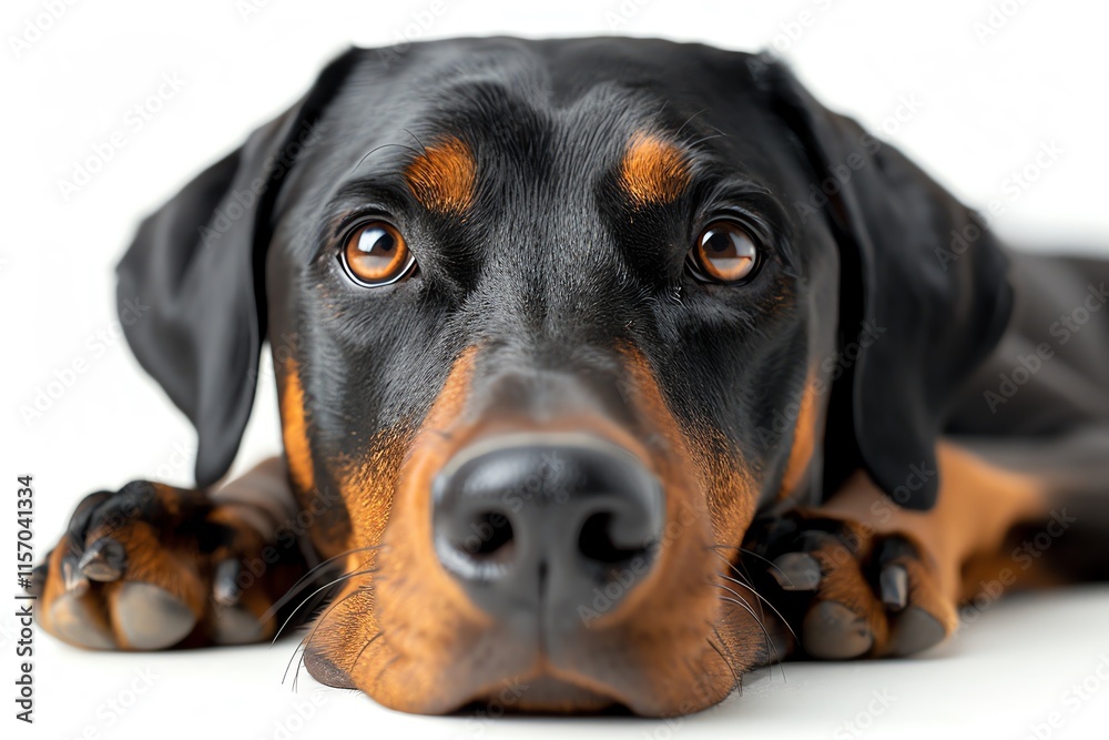 Obraz premium Close-up of a Doberman resting with expressive eyes and sleek black fur.