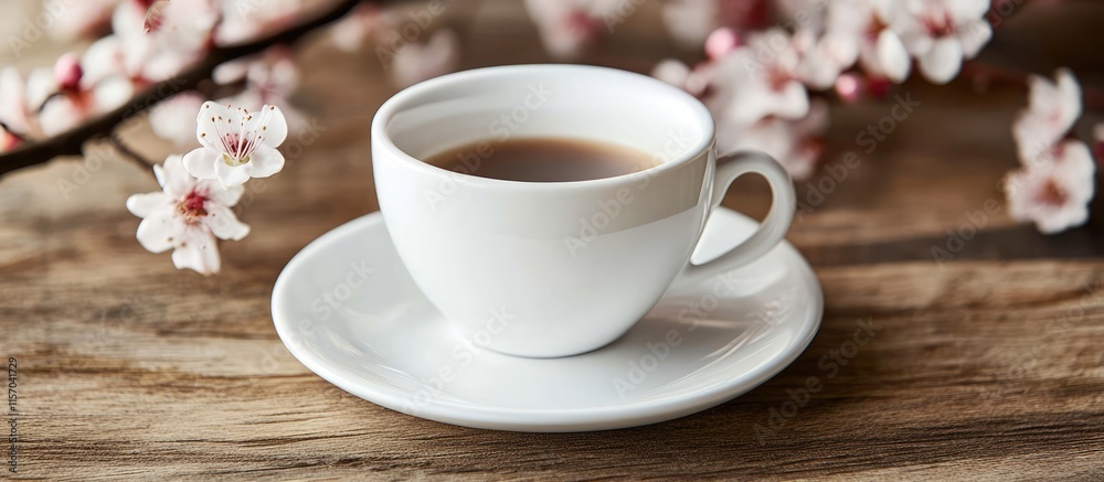 Elegant white espresso cup beside delicate pink blossoms on a rustic wooden table creating a charming coffee moment atmosphere. Elegant white espresso cup beside delicate pink blossoms on a rustic wooden table creating a charming coffee moment atmosphere.