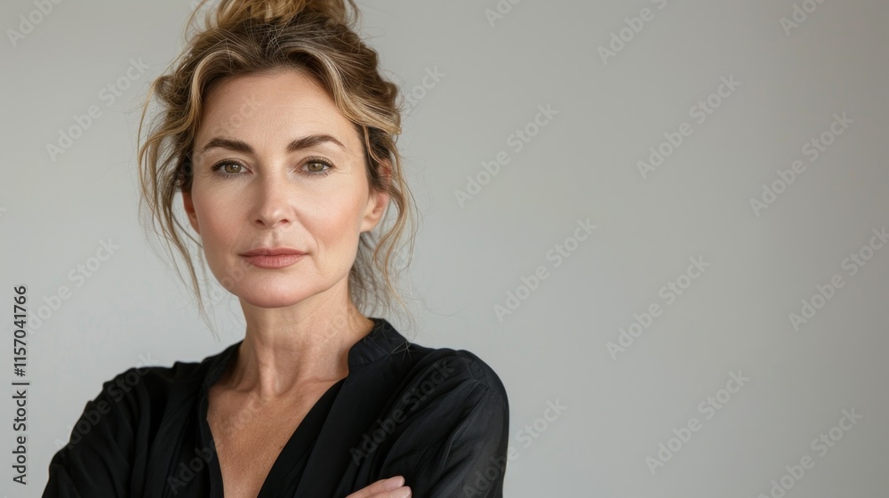 portrait of beautiful caucasian woman 50-60 years old model appearance with well-groomed skin looking at camera, white studio background portrait of beautiful caucasian woman 50-60 years old model appearance with well-groomed skin looking at camera, white studio background
