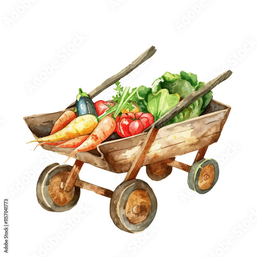 A watercolor vector of a wheelbarrow filled with freshly harvested vegetables, isolated on a white background. Wheelbarrow vector.
