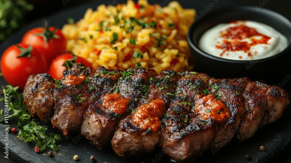 Grilled steak with rice, tomatoes, and sauce. Grilled steak with rice, tomatoes, and sauce.