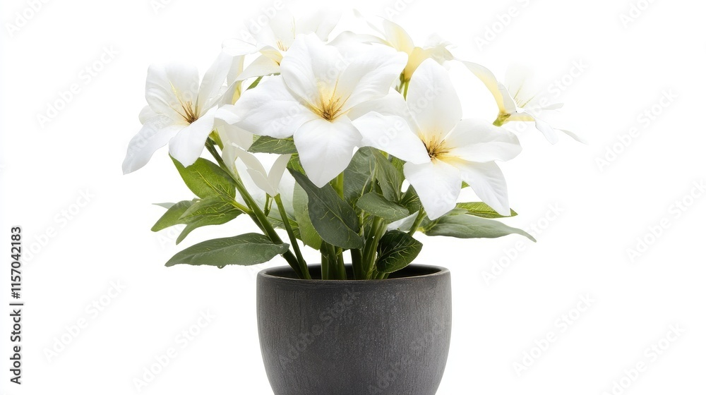 Elegant white flowers in a black pot enhancing home decor on a clean white background ideal for floral or interior design themes Elegant white flowers in a black pot enhancing home decor on a clean white background ideal for floral or interior design themes