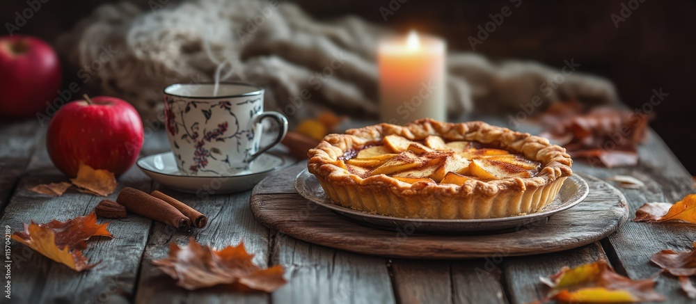 Cozy still life with warm apple pie and cinnamon tea on rustic table surrounded by autumn leaves and apples creating an inviting atmosphere Cozy still life with warm apple pie and cinnamon tea on rustic table surrounded by autumn leaves and apples creating an inviting atmosphere