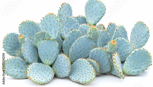 Lush cluster of vibrant blue prickly pear cactus pads, isolated on white background. Perfect for design projects and botanical illustrations. photo