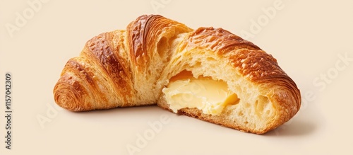 Freshly baked croissant with melted butter filling ideal for a delightful breakfast or a rich snack option. photo