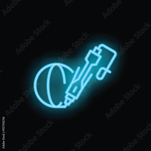 Blue neon icon of a 3d pen drawing a sphere on a black background