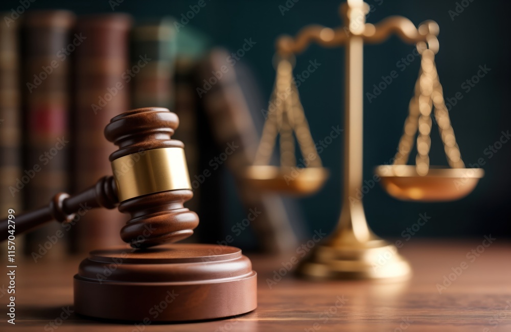 Wooden gavel rests on dark hardwood surface. Golden scales of justice in background. Ceremonial objects symbolize legal procedure, authority. Meeting hearing implied. Image evokes concepts of justice Wooden gavel rests on dark hardwood surface. Golden scales of justice in background. Ceremonial objects symbolize legal procedure, authority. Meeting hearing implied. Image evokes concepts of justice