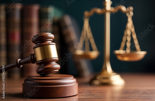Wooden gavel rests on dark hardwood surface. Golden scales of justice in background. Ceremonial objects symbolize legal procedure, authority. Meeting hearing implied. Image evokes concepts of justice