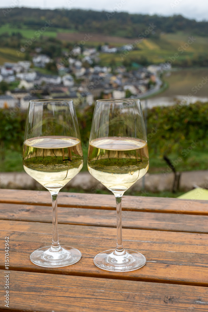 Glasses of white dry riesling wine made on Moselle river valley in Germany or Luxembourg, view on terraced vineyards Glasses of white dry riesling wine made on Moselle river valley in Germany or Luxembourg, view on terraced vineyards