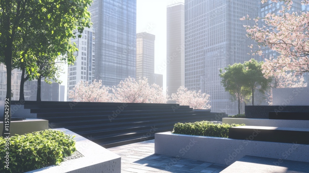 Modern urban park with skyscrapers in background. Modern urban park with skyscrapers in background.