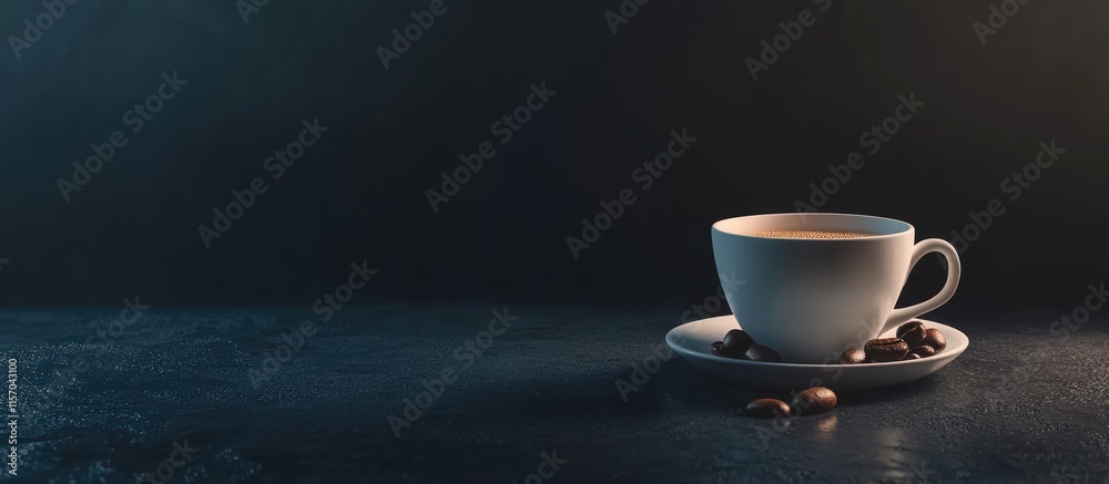 Elegant white coffee cup on dark background with coffee beans, perfect for coffee-themed designs and promotional content. Elegant white coffee cup on dark background with coffee beans, perfect for coffee-themed designs and promotional content.