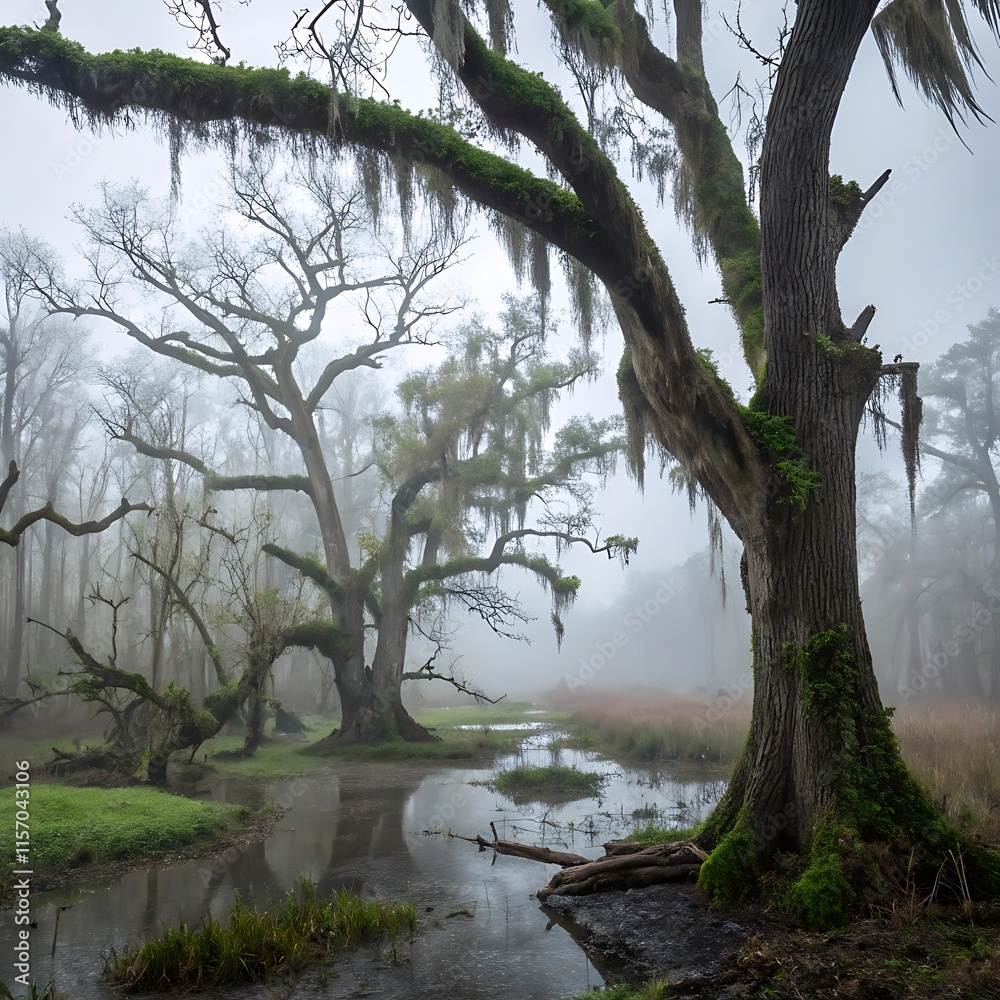 Fototapeta premium Misty swamp landscape with ancient live oak trees