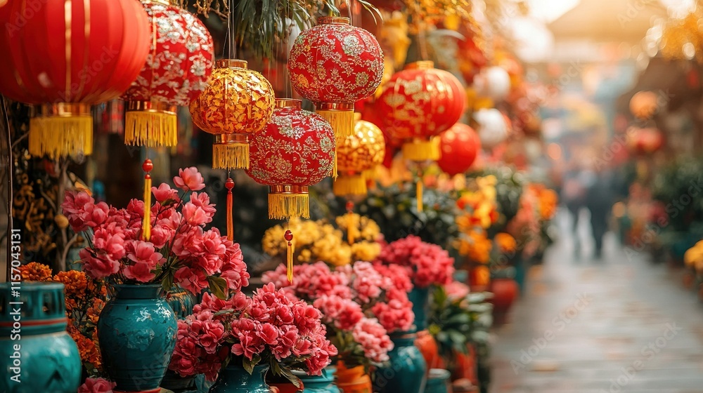 A vibrant market scene adorned with red lanterns and colorful flowers, celebrating culture. A vibrant market scene adorned with red lanterns and colorful flowers, celebrating culture.