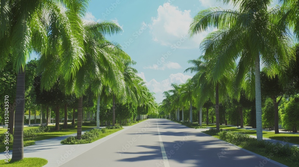 Fototapeta premium Palm tree lined road under a clear blue sky.